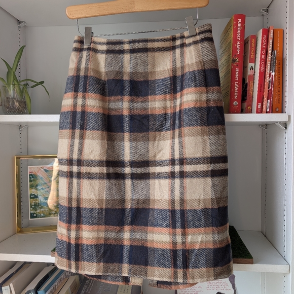 Plaid Skirt Women's Wool Blend Cream and Blue Size Medium Twee Academia Preppy - Picture 2 of 7